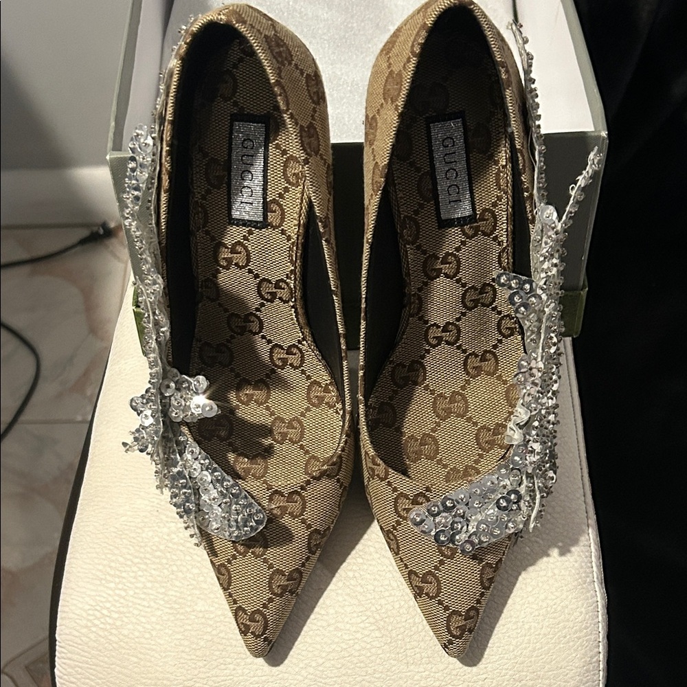 Gucci Women's Tan and Silver Crystal Heels